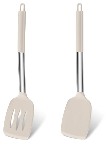 Homikit spatel, silikon köksredskap med handtag i rostfritt stål, khaki köksredskap set om 2, värmebeständig matlagning slitsad spatel