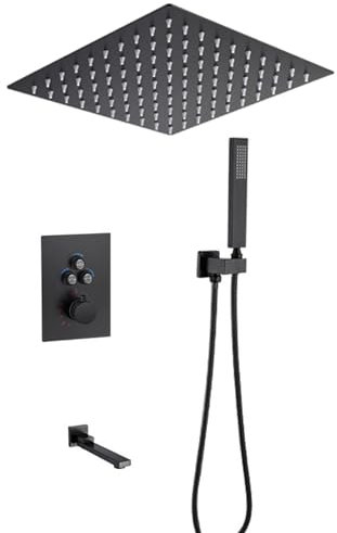 XJTNLB Duscharmatur mit Thermostat Unterputz Schwarz Armatur Dusche Thermostat Duschkopf Regendusche aus Edelstahl,12 Zoll-Drei Funktionen