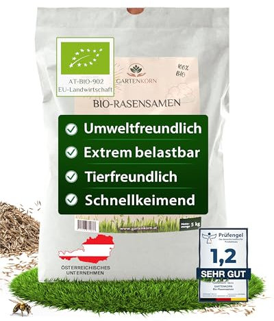 Gartenkorn Bio-Rasensamen schnellkeimend, Grassamen für Lücken & Rasen Nachsaat, Rasensaat trockenresistent und dürreresistent für Frühling & Herbst, Saatgut Turbo Schnellrasen (5kg für 200m²)