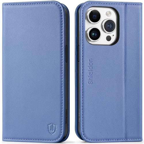 SHIELDON Hülle für iPhone 15 Pro 5G Handyhülle [Echtleder] [Kartenfach] [Ständer] [RFID-Blocker] [Magnet] Stoßfeste Klapphülle Handy Wallet Flip Case Tasche Kompatibel mit iPhone 15 Pro 6,1 Blauregen