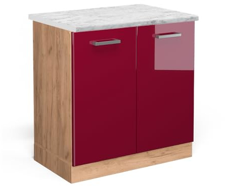 Vicco Spülenunterschrank R-Line, Rot Hochglanz, 80 cm | 2 Türen · AP Marmor inkl. · Höhenverstellbare Füße · Großer Innenraum ✓ · ✓ Frei kombinierbar