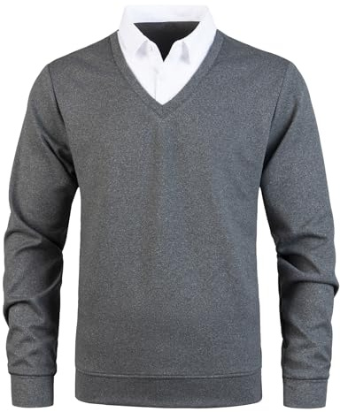 Yukirtiq Men's Basic V-Neck Jumpers with Mock Shirt Collar Knitwear Casual Pullover Long Sleeve Knitted Sweater Jumper, Grey+White, M