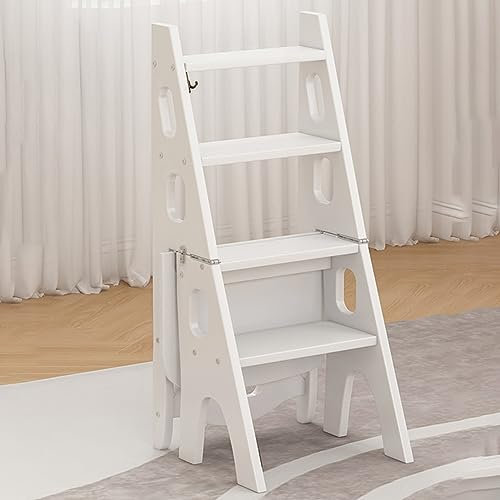 Klappbarer Bibliotheksleiterstuhl aus Holz, 4-stufiger Klappleiterstuhl aus Massivholz, 3-in-1-Aufbewahrungsregal, Blumenregal, Fußhocker, für Erwachsene, Büro, Zuhause, Küche, Außenbereich (Farbe: