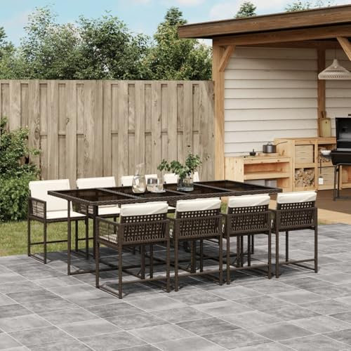 Somanki 9-TLG. Garten-Essgruppe mit Kissen Braun Poly Rattan, Esstisch Mit Stühlen Set, Gartenmöbel Sitzgruppe, Balkon Möbel, Gartenlounge Set, Terrassenmöbel, Balkonmöbel Set - 3211461