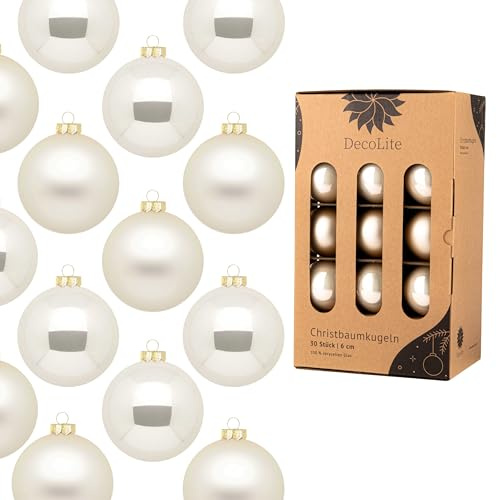 DecoLite Weihnachtskugeln Glas 6 cm, 30er Set, Champagner Matt-Glänzend | 30 Glaskugeln Ø 6 cm, innen echt versilbert, inkl. S-Aufhänger 3,8 cm, plastikfreie Kartonbox