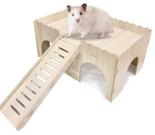 DASIAUTOEM Meerschweinchen Haus mit Rampe 4 Eingänge, Holzhaus, Spielzeug Meerschweinchen Zubehoer Kaninchenhaus, Nagerhaus Meerschweinchen Häuser, 38 x 24 x 18 cm