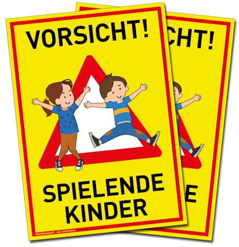 2 Große Schilder Vorsicht! Spielende Kinder | 30x42cm | wetterfestes PVC-Schild mit UV-Schutz | signalgelb | Achtung Spieplatz | Langsam! Spielende Kinder | 2er Pack