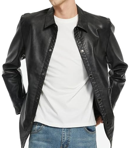 SXHEYUY Herren Lederhemd Langarm Jacke PU Motorrad Outfit Hemden,Schwarz,L