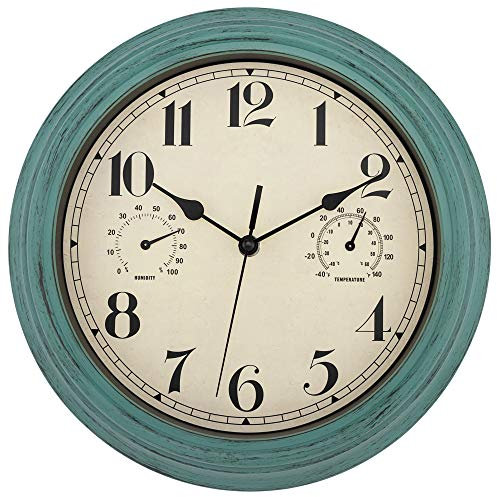 Foxtop Orologio da Parete Esterno 12 Pollici Vintage, Impermeabile con Termometro e Igrometro, Numeri Grandi, Silenzioso, per Interni ed Esterni, Giardino, Veranda, Piscina
