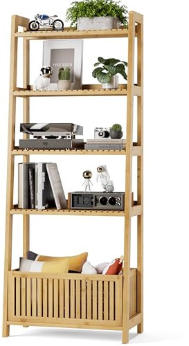 Bamjoy Bamboo Ladder Shelf, Bookshelf with 4 Display Shelves and 1 Open Storage Basket, Multifunctional Storage Rack Organizer for Home Office, Bedroom, Living Room, 66” H Natural