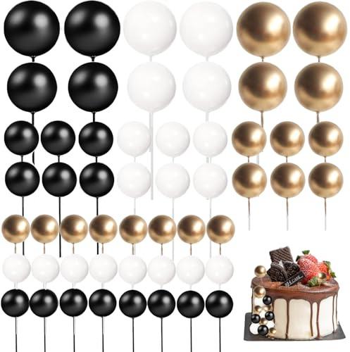 54Pcs Black White and Gold Cake Balls, Ball Cake Topper Decorations, Black Cake Decorations, Cake Topper Ball for Birthday Halloween Festival Parties