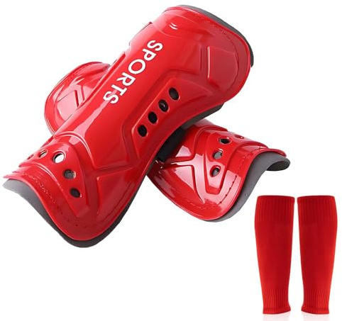 wlertcop Football Shin Pads with Sleeves For Kids Football Shin Guards Red