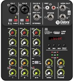 DIGNIFE Mixer per DJ, V4 4 canali Mixer DJ Console Portatile 48V Phantom Power USB DJ Console con Scheda for PC Registrazione Canto(V4 Black Type)