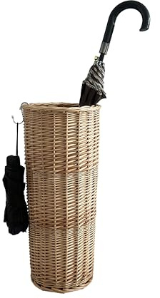 JAJAGOU Natural Rattan Umbrella Stand for Entryway, 21.2H x 9.4L x 9.4W, Detachable Drip Tray & 2 Metal Hooks – Storage for Umbrellas, Canes & Walking Sticks, Stylish Home Decor