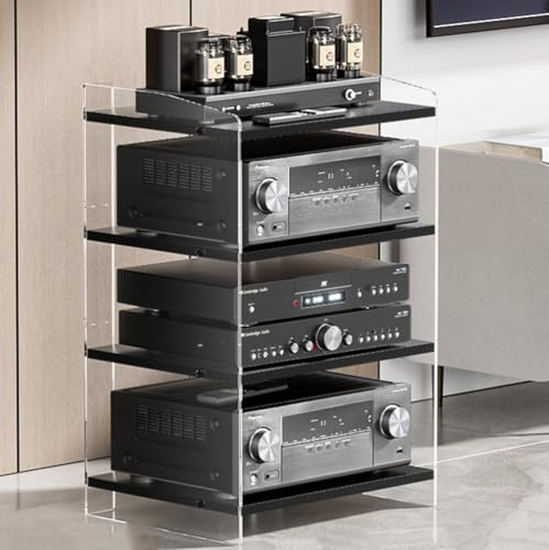 Rack per componenti Audio in Acrilico, mobiletto portaoggetti Audio/Video, Torre Audio angolare, Ripiani Regolabili, Rack HiFi per Ufficio Domestico, 3/4 Livelli (Trasparente + Nero, 4 livel