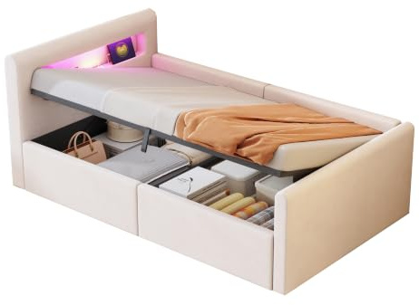 okwish Kinderbett 90x200 Polsterbett mit LED, USB & Bettkasten, Beige | Bett 90x200 mit Bettgestell & Lattenrost, aus Samt, ohne Matratze, für Einzelbett, Jugendbett & Stauraumbett