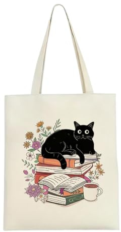 ZORVYN Tote Bag Damen mit Schwarze Katze und Bücher Motiv Aesthetic Jutebeutel Stoffbeutel als Geschenk für Katzenliebhaber Frauen Umhängetasche für Uni Arbeit und Einkauf