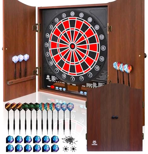 WIN.MAX Freccette Elettronico, Set di Armadio Decorativo Bersaglio Freccette Offre 34 Giochi per un Massimo di 8 Giocatori tra cui 12 Frecce a Punta Morbid (Marrone)
