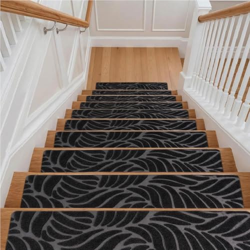 BREEZENEST 15 PCS Self-Adhesive Stair Treads for Carpet Steps - Non-Slip Stair Mats, Fabric Reusable Anti-Slip Stair Pads for Home Pets & Elders (Dark Gray, 65x20cm)