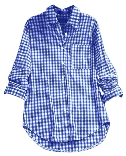 Chemise décontractée à manches longues en lin pour femme - Col à carreaux - Style rétro - 2025