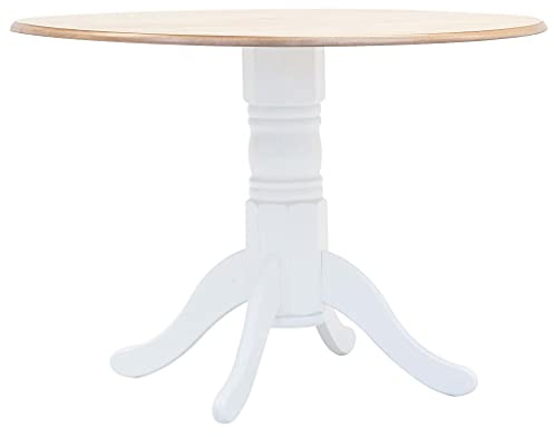 QUAHEAS Table à manger ronde blanche et marron 106 cm en bois massif d'hévéa, poli et laqué, idéale pour la cuisine et la salle à manger, design robuste pour 2 à 4 personnes