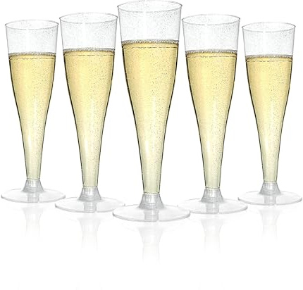 Goodluck 25 Pack Silver Glitter Plastic Champagne Flutes,130ml/4.5oz Reusable Plastic Prosecco Glasses, Champagne Glasses for Weddings, Birthdays, Christmas, BBQ, Garden Parties