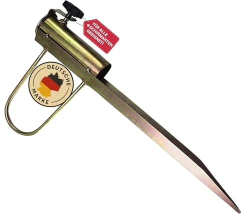 OK4Y Rasendorn für Sonnenschirm - Sonnenschirmhalter Metall 23-38 mm - Schirmständer Erdspieß Goldfarben für Garten & Strand - Stabiler Sonnenschirmhalter Rasendorn - Bodenhülse mit Handgriff