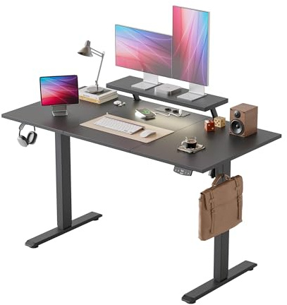 Agilestic Höhenverstellbarer Schreibtisch mit flexiblem Monitorständer | Schreibtisch elektrisch 140 x 60 cm, LED-Lichtleiste, USB-Steckdose, 2 Speicherplätze, für Homeoffice, Schwarz
