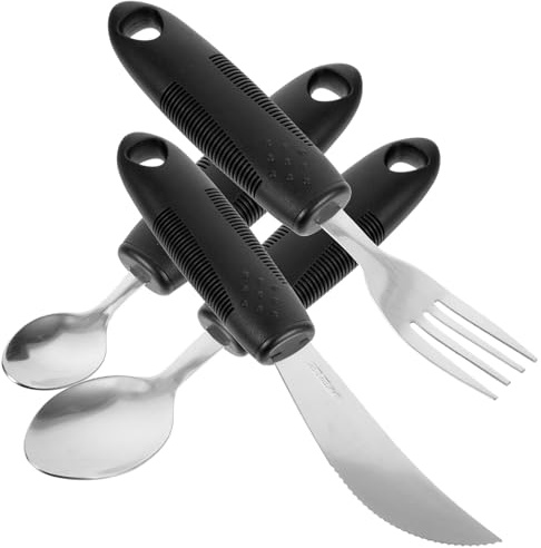 iplusmile Juego de Cubiertos Antideslizantes Fácil de Usar Cuchara Tenedor de Acero Inoxidable y Plástico para Personas Mayores y Discapacitadas