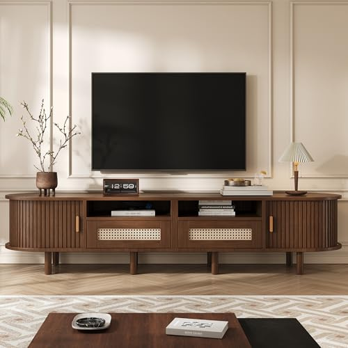 LANTRO JS TV Lowboard, Nussbaum mit Rattan Design, TV Kommode mit 2 Schubladen und 2 Schiebetüren, Lowboard Wohnzimmer, 170x40x40cm, Nussbaum