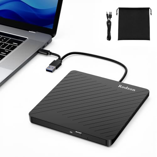Rodzon Lector CD DVD Externo, USB 3.0 y Type C Portátil CD/DVD +/-RW, Grabadora CD DVD Externa para PC, Portátil, Escritorio, iMac, MacBook Pro/Air, Windows 11/10/8/7/XP/Vista, Linux, Mac OS