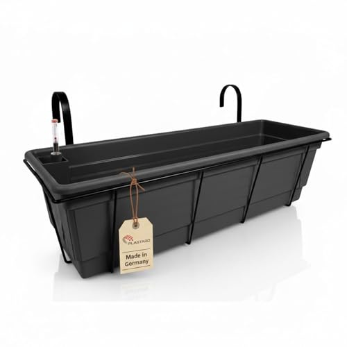 Plastard selbstwässernd Blumenkasten 80 cm Anthrazit Pflanzkasten & Korb | robuste Metallkorb - Witterungs- UV- & frostbeständig Pflanzkübel für Balkon, Garten & Terrasse mit Wasserstandsanzeiger