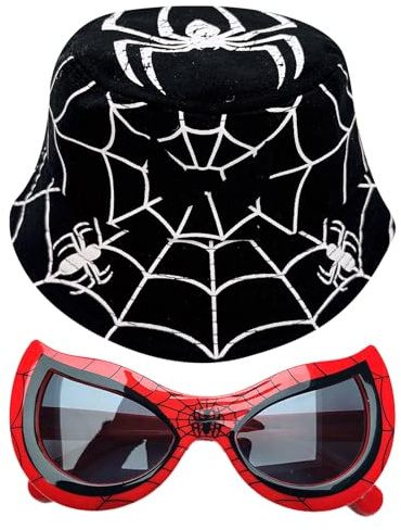 ZXTGBQ Set Composto da Cappellino da Pescatore e Occhiali da Sole per Bambini, Motivo a Ragno, Cappellino da Pescatore Estivo e Occhiali da Sole Pieghevoli con Protezione Uv, Adatto a Bambini dai 3 ag