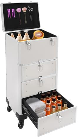 Carro cosmético 4 en 1 maletín de cosméticos con cerradura, maletín de peluquería para el cuidado de las uñas, maletín de aluminio con ruedas, con 3 cajones, con cerradura, apto para peluqueros y