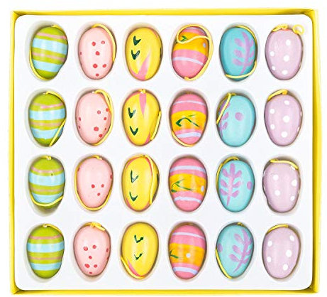 Iden Basic - Ostereier zum Aufhängen, 24 Stück in 6 Designs, je ca. 2 cm, Osterdeko aus Holz