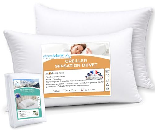 Lot de 2 Oreillers Sensation Duvet 50x70 cm + 2 Sous-Taies 100% Coton | Accueil ultra moelleux & gonflant • Confort hôtel • Lavable 40°C • Garnissage en Fibres Ultra-Fines • Fabrication française