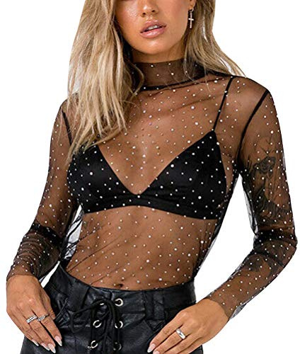 Minetom Femme T Shirt Top Slim Mesh Transparent Manches Longues Blouse Hauts Sexy Brillant Paillettes Tee Shirt Chemisier B Noir 44