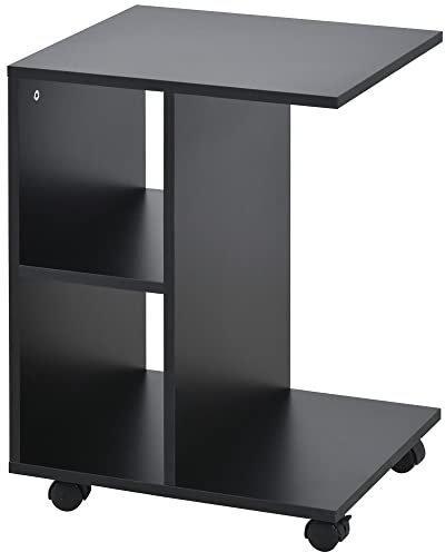 HOMCOM C-Shape End Table Unique Storage Unit w/ 2 Shelves 4 Wheels Freestanding Home Office Furniture Cabinet Square Studio Black