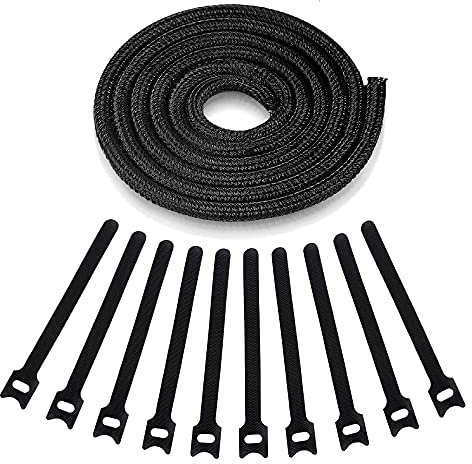 YIXISI 3m Expandable Braided Sleeve + 10 Ties, PET Adjustable Split Sleeving, Cable Management for TV, Computer, Home Theater, Car Cord Organizer, Black