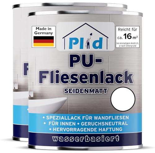 Plid Fliesenfarbe Weiß Satin 1,5 l – Fliesenlack Bad & Küche | Feuchtigkeitsbeständig | Deckend & schnelltrocknend | Wandfliesen streichen | Innen | ca. 16 m² | Made in Germany