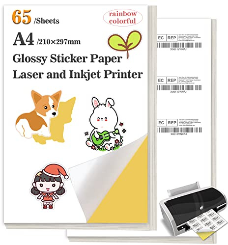 Etiketten Selbstklebend Bedruckbar, Stickerpapier Zum Selbst Drucken A4, 65 Sheets,Glossy Paper Label for Office Supplies Laser Inkjet Printers