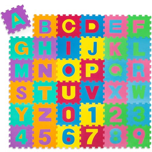 tectake® 86-teilige Puzzlematte Baby, Spielmatte Baby 3,6 m² Grundfläche, Krabbelmatte aus Eva Foam Schaumstoff, Lernteppich Schaumstoffplatte Buchstaben und Zahlen, Bodenschutzmatte, Puzzle Teppich