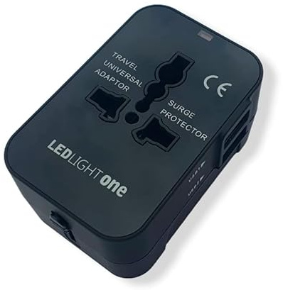 Led Light One Adaptador Enchufe De Viaje Universal Enchufe Adaptador Internacional con Dos Puertos USB para Japón China Canadá USA EU UK AU Acerca De 150 Países para Navidad (Negro)