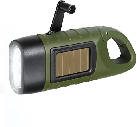 PRUNUS LED Linterna de Emergencia con Manivela, Linterna Solar Recargable, Linternas Dinamo con Mosquetón, Mini Linterna con Manivela y Panel Solar para Exteriores/Camping/Apagones.