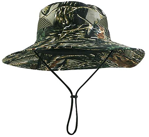Solhatt barn 52–55 cm kamouflage solhatt UV-skydd brett brätte boonie fiskarhatt vandringshatt justerbar solhatt med hakband vikbar safari-hatt andas trädgårdshatt