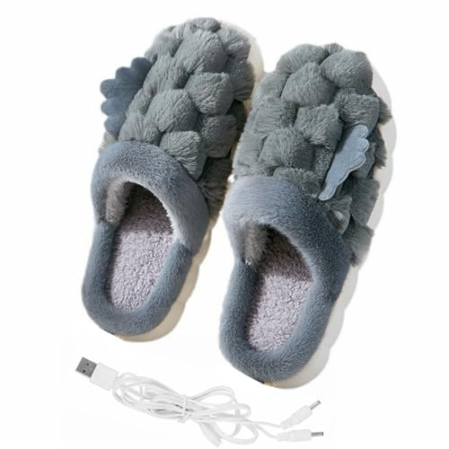 Yanmucy USB Heizung Hausschuhe Unisex Plüsch Fusswärmer für Frauen mit Flügeln Fußwärmer Elektrisch Beheizte hausschuhe damen herren Männer Fußwärmer Heizung Hausschuhe (290cm, Grau)