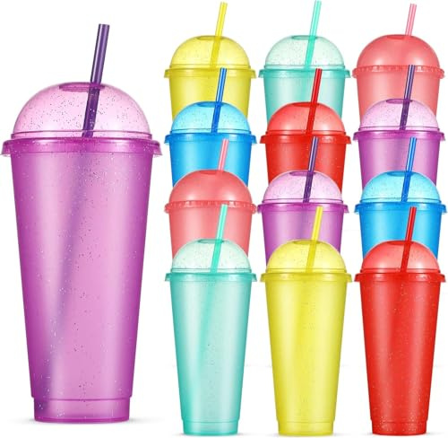 KAHEIGN 12 Pezzi 710ml Bicchieri di Plastica con Coperchi a Cupola e Cannucce, Riutilizzabile Tazze D'acqua Colorate Glitterate Bicchiere per Bambini Carini per Potabile Caffè Acqua (6 Colori)