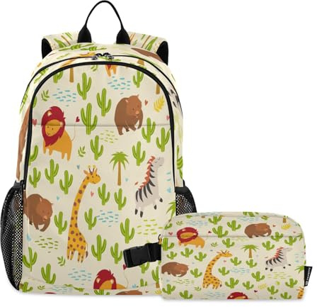 ISAOA Animals Girffe Zebra Cactus SchoolBag and Lunch-Bag Set for Teenage Girls Primary Secondary School Middle-School Elementary Waterproof Backpack Children Bookbag Rucksack Backpack