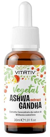 Ashwagandha Ginseng indiano (Withania somnifera) Estratto 100% Vegetale in Gocce - Estratto Puro di Radici -Analcoolico - VITATIV 30ml