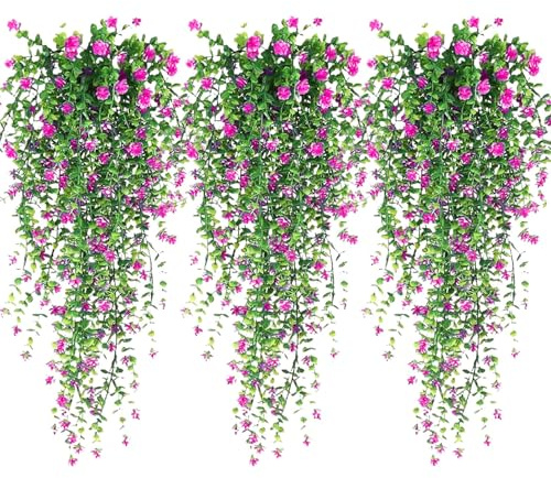 Artificial Hanging Flowers, 3 Pcs Fake Hanging Plants Artificial Vines for Outdoors, Fake Ivy Vine UV Resistant No Fade Faux Plants for Indoor Outside Garden Patio Yard Greenery Decoration (Red)
